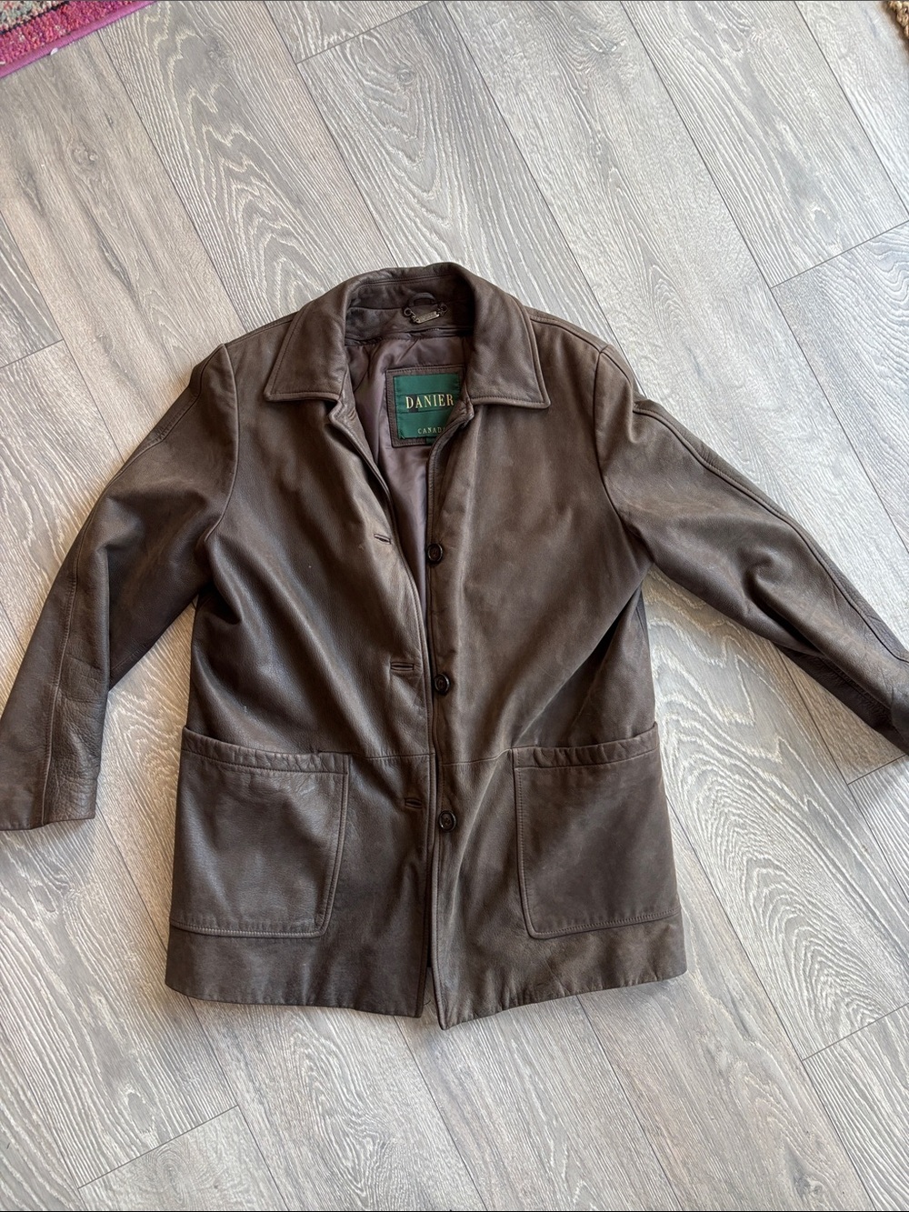 Danier Brown Leather Button-Up Shirt Jacket